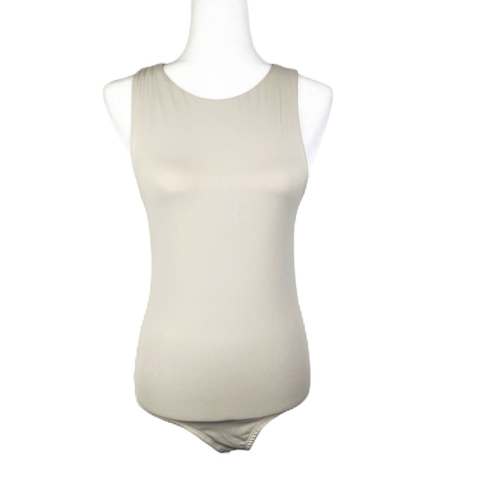 Buckle Black Bodysuit Women Medium Cream Tank Top Sleeveless Stretch One Piece